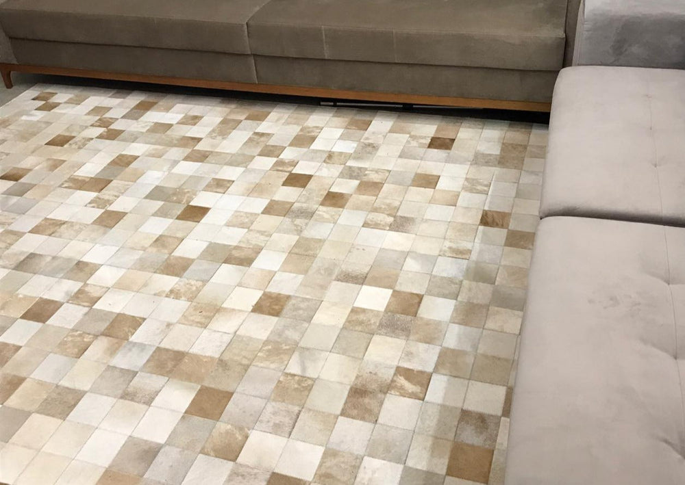 Beige And White Block Cowhide Patchwork Rug