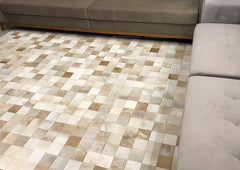 Beige And White Block Cowhide Patchwork Rug