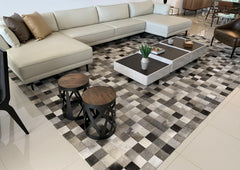 Grey And White Block Cowhide Patchwork Rug