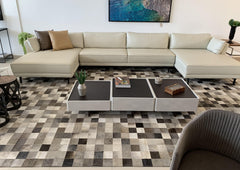 Grey And White Block Cowhide Patchwork Rug