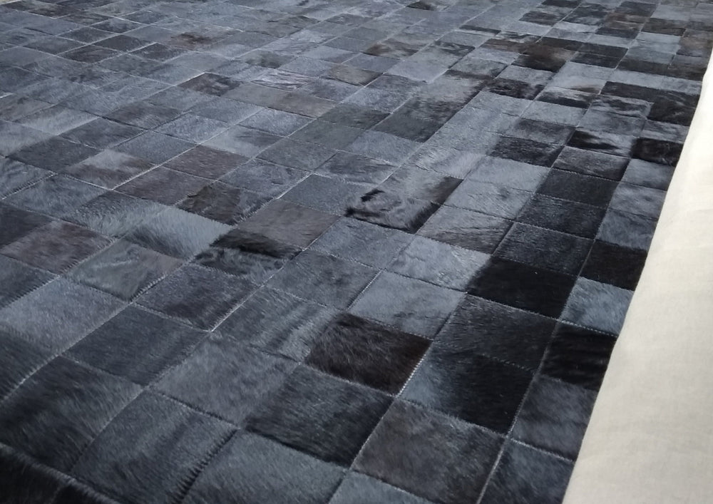 Solid Black Block Cowhide Patchwork Rug