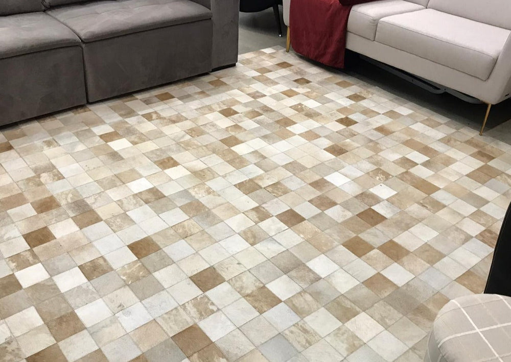 Beige And White Block Cowhide Patchwork Rug