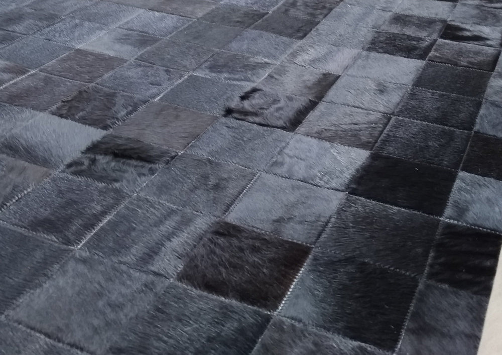 Solid Black Block Cowhide Patchwork Rug