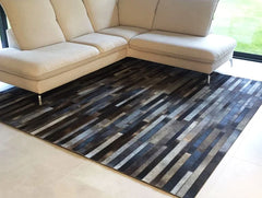 Metallic Grey Stripes Cowhide Patchwork Rug