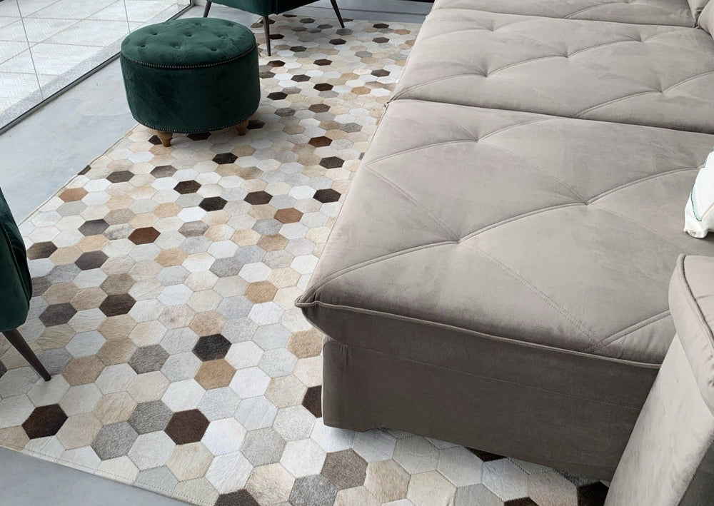 Dark Beige White Diamond Cowhide Patchwork Rug