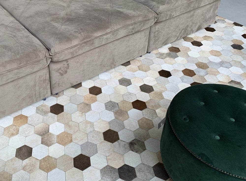 Dark Beige White Diamond Cowhide Patchwork Rug